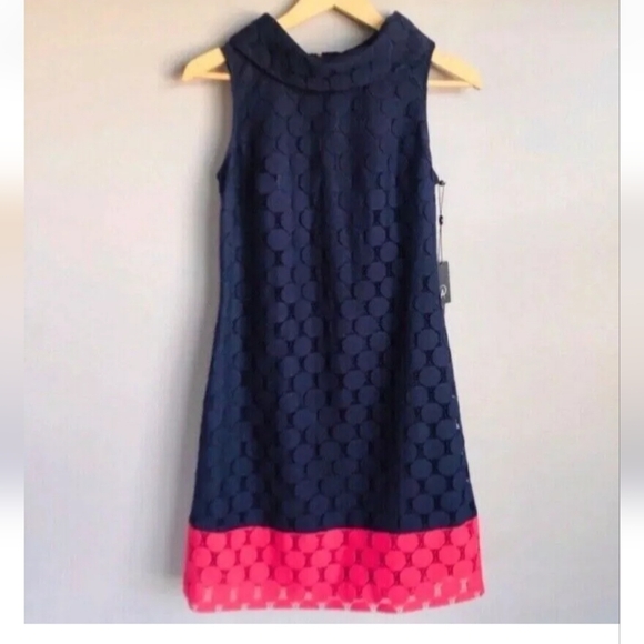 Adrianna Papell Navy Blue & Coral Pink Sheath Dot Retro Mod Dress Size 14 - Picture 1 of 16